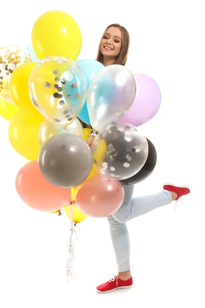 Mooie Jonge Vrouw Met Ballonnen Witte Achtergrond — Stockfoto