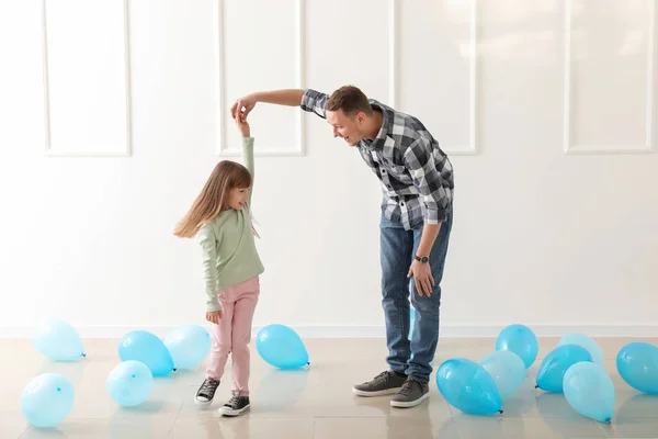 Father His Cute Little Daughter Dancing Room Balloons — Stock Photo, Image