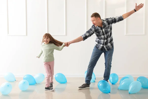 Father His Cute Little Daughter Dancing Room Balloons — Stock Photo, Image