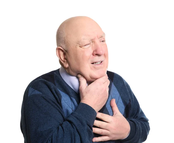 Homme Âgé Ayant Une Crise Asthme Sur Fond Blanc — Photo