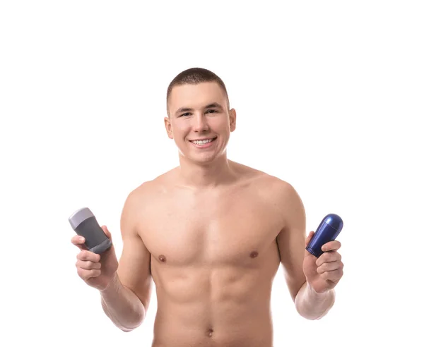 Stilig Ung Man Med Deodoranter Vit Bakgrund — Stockfoto