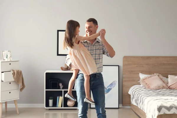 Father His Cute Little Daughter Dancing Home — Stock Photo, Image