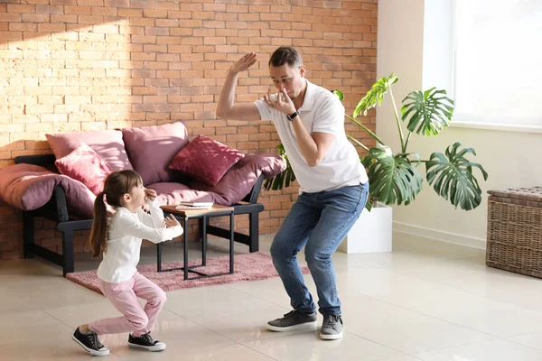 Father His Cute Little Daughter Dancing Home — Stock Photo, Image