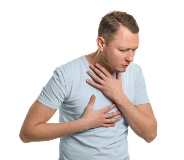 Mann Mit Asthmaanfall Auf Weißem Hintergrund — Stockfoto