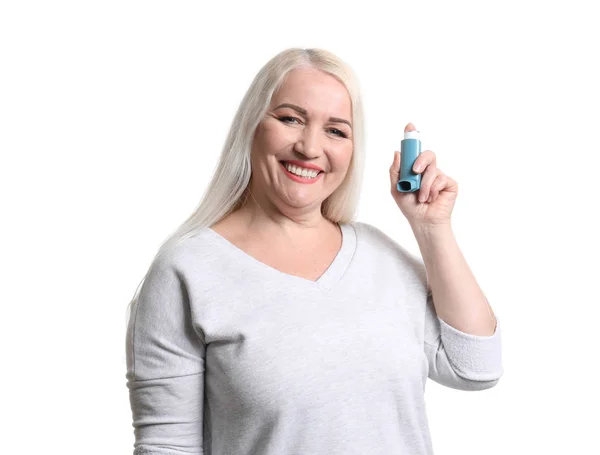 Mature Woman Inhaler White Background — Stock Photo, Image