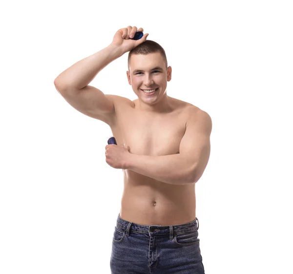 Handsome Young Man Deodorant White Background — Stock Photo, Image