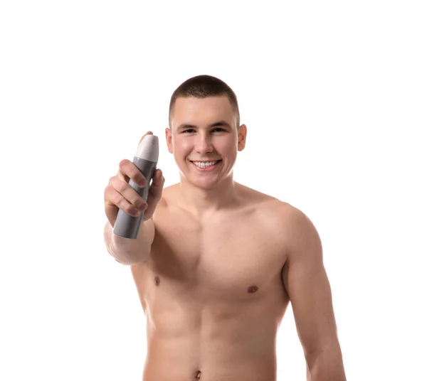 Stilig Ung Man Med Deodorant Vit Bakgrund — Stockfoto