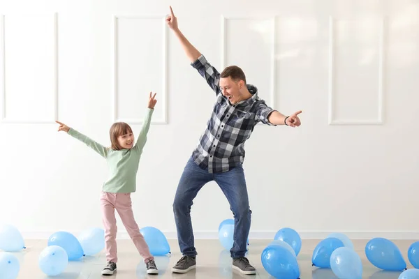 Father His Cute Little Daughter Dancing Room Balloons — Stock Photo, Image