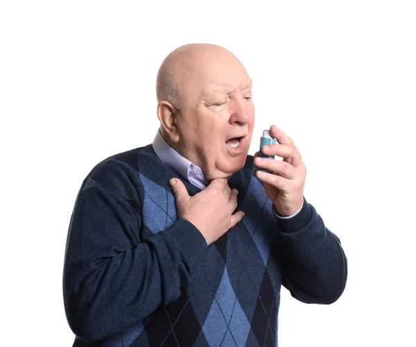 Homme Âgé Avec Inhalateur Ayant Une Crise Asthme Sur Fond — Photo