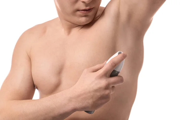 Stilig Ung Man Med Deodorant Vit Bakgrund Närbild — Stockfoto