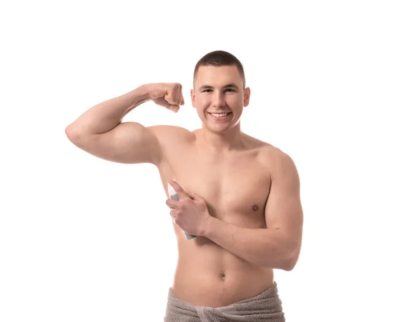 Handsome Young Man Deodorant White Background — Stock Photo, Image