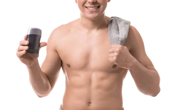 Przystojny Młody Człowiek Dezodorant Białym Tle — Zdjęcie stockowe