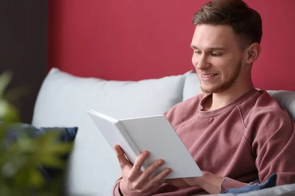 Handsome Young Man Reading Book Home — Stock Photo, Image