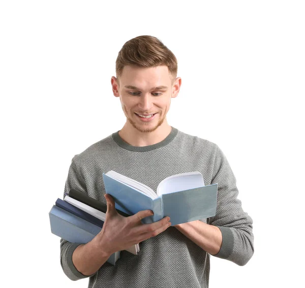 Schöner Junger Mann Mit Büchern Auf Weißem Hintergrund — Stockfoto