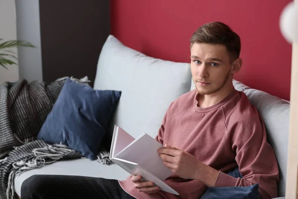 Handsome Young Man Reading Book Home — Stock Photo, Image