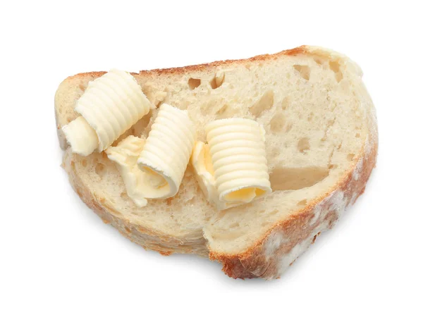 Slice Bread Butter Curls White Background — Stock Photo, Image