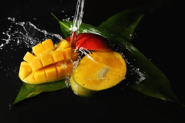 Ripe cut mango with water splash on dark background