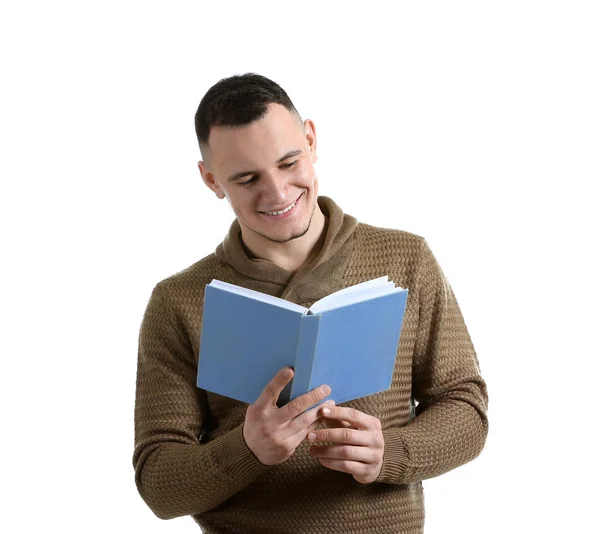 Schöner Junger Mann Mit Buch Auf Weißem Hintergrund — Stockfoto