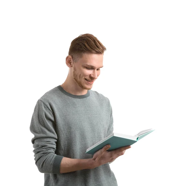 Schöner Junger Mann Mit Buch Auf Weißem Hintergrund — Stockfoto