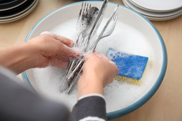 Woman Washing Cutlery Kitchen — Stock Photo, Image