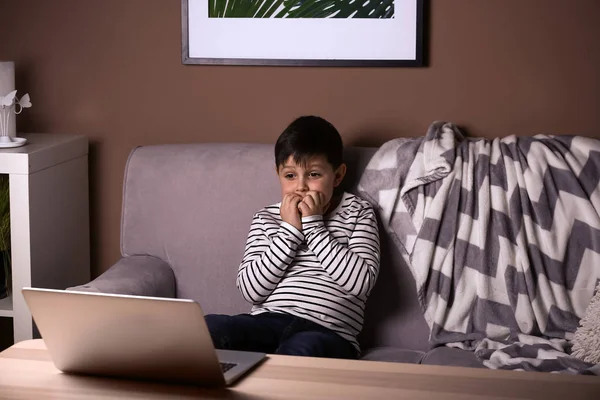 Scared Little Boy Laptop Watching Cartoons Evening — Stock Photo, Image