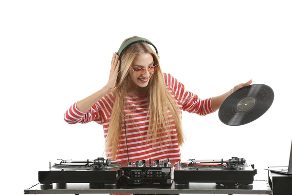 Femenino Tocando Música Sobre Fondo Blanco — Foto de Stock