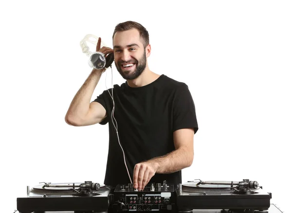 Masculino Tocando Música Sobre Fondo Blanco — Foto de Stock