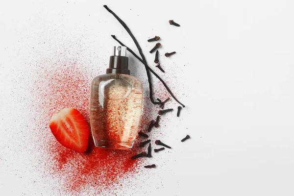 Bottle Perfume Strawberry Vanilla Cloves White Background — Stock Photo, Image