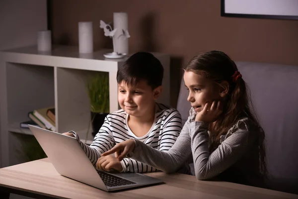 Cute Little Children Laptop Watching Cartoons Late Evening — Stock Photo, Image