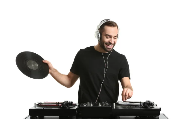 Masculino Tocando Música Sobre Fondo Blanco — Foto de Stock