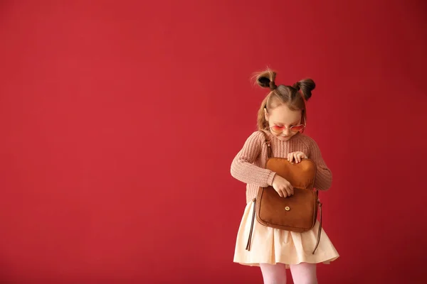 Fashionable Little Girl Bag Color Background — Stock Photo, Image