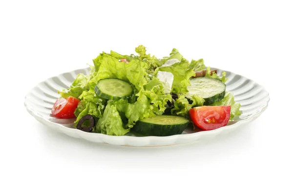 Platt Med Välsmakande Färsk Sallad Vit Bakgrund — Stockfoto