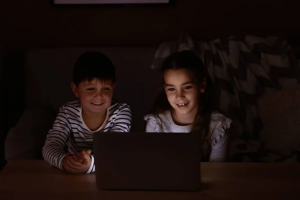 Cute Little Children Laptop Watching Cartoons Late Evening — Stock Photo, Image