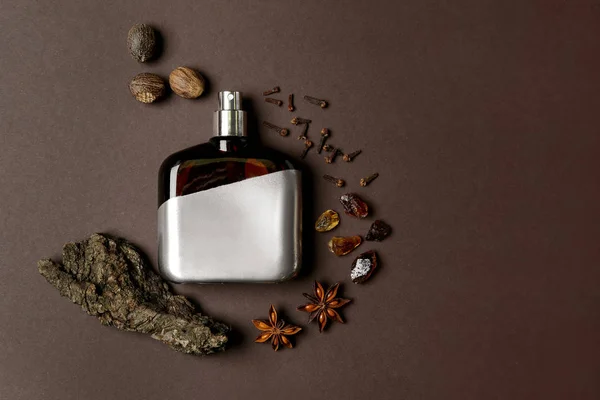 Komposition Mit Einer Flasche Männlichen Parfüms Auf Dunklem Hintergrund — Stockfoto