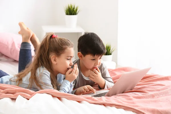 Cute Little Children Laptop Watching Cartoons Home — Stock Photo, Image
