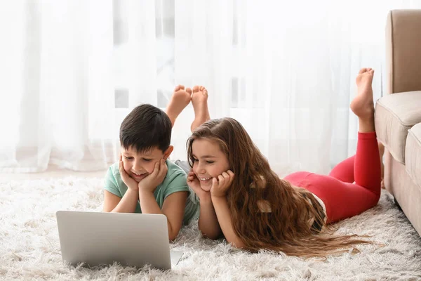 Cute Little Children Laptop Watching Cartoons Home — Stock Photo, Image