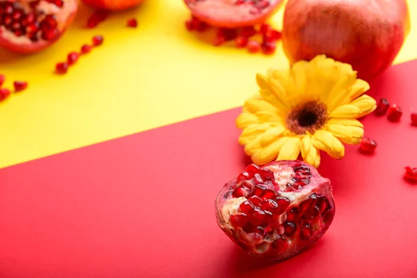 Ripe pomegranates and flower on color background