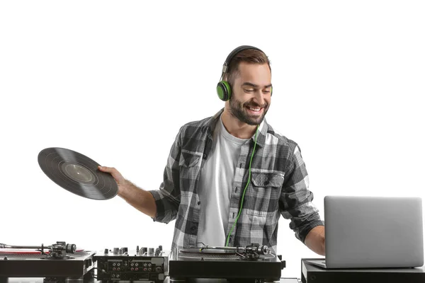 Masculino Tocando Música Sobre Fondo Blanco — Foto de Stock