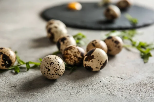 Fresh Quail Eggs Grey Table — Stock Photo, Image