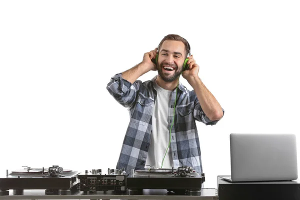 Mannelijke Muziek Afspelen Witte Achtergrond — Stockfoto