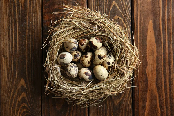Nest Fresh Quail Eggs Wooden Table — Stock Photo, Image