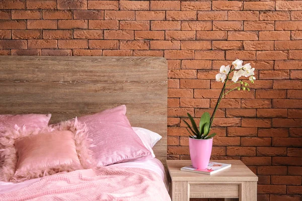 Pot Beautiful Orchid Flower Bedroom — Stock Photo, Image