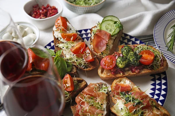 Fresh Tasty Bruschettas Plate — Stock Photo, Image