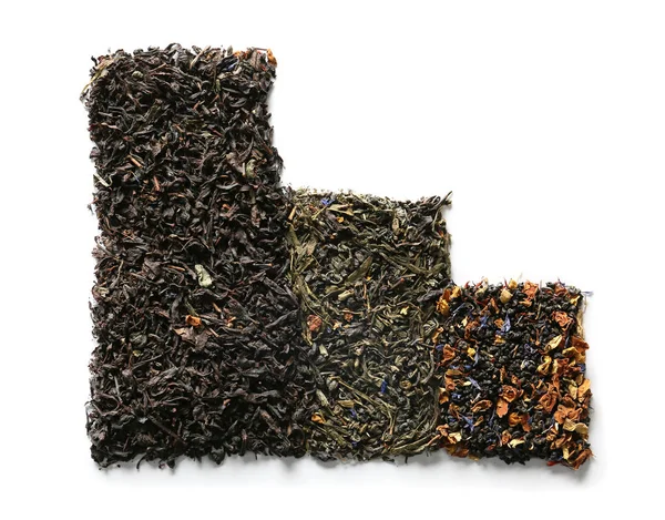 Різні Типи Сухого Листя Чаю Білому Тлі — стокове фото