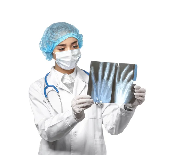 Female Doctor Studying Ray Image White Background — Stock Photo, Image