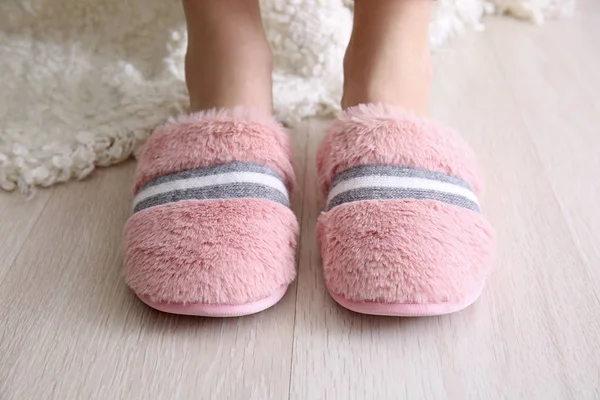 Young Woman Slippers Home — Stock Photo, Image