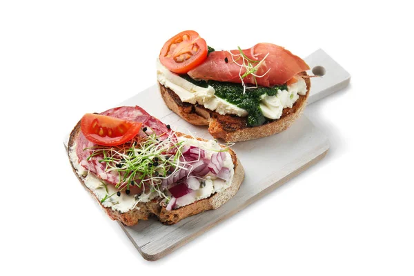 Board Fresh Tasty Bruschettas White Background — Stock Photo, Image