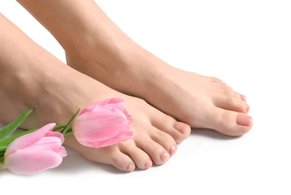 Legs Young Woman Beautiful Pedicure Flowers White Background Royalty Free Stock Images