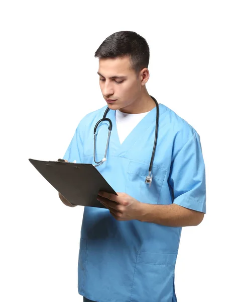 Male Doctor Clipboard White Background — Stock Photo, Image