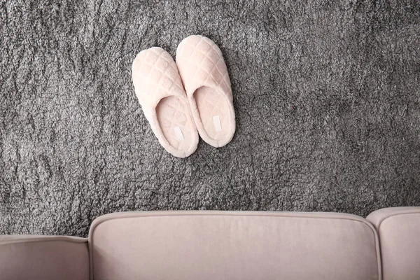 Soft Slippers Fluffy Carpet — Stock Photo, Image